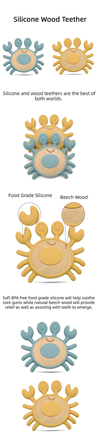 1PC Silicone Teether Baby Wooden Teether