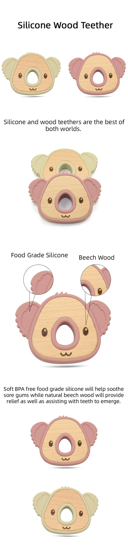 1PC Silicone Teether Baby Wooden Teether